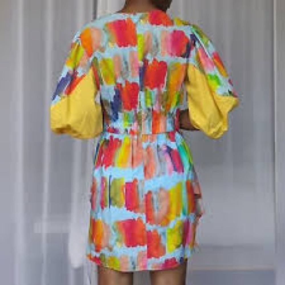 Rhode Pia Mini Dress Puff-Sleeve Brush‎ Strokes Multicolor Water Small XS - Picture 4 of 7